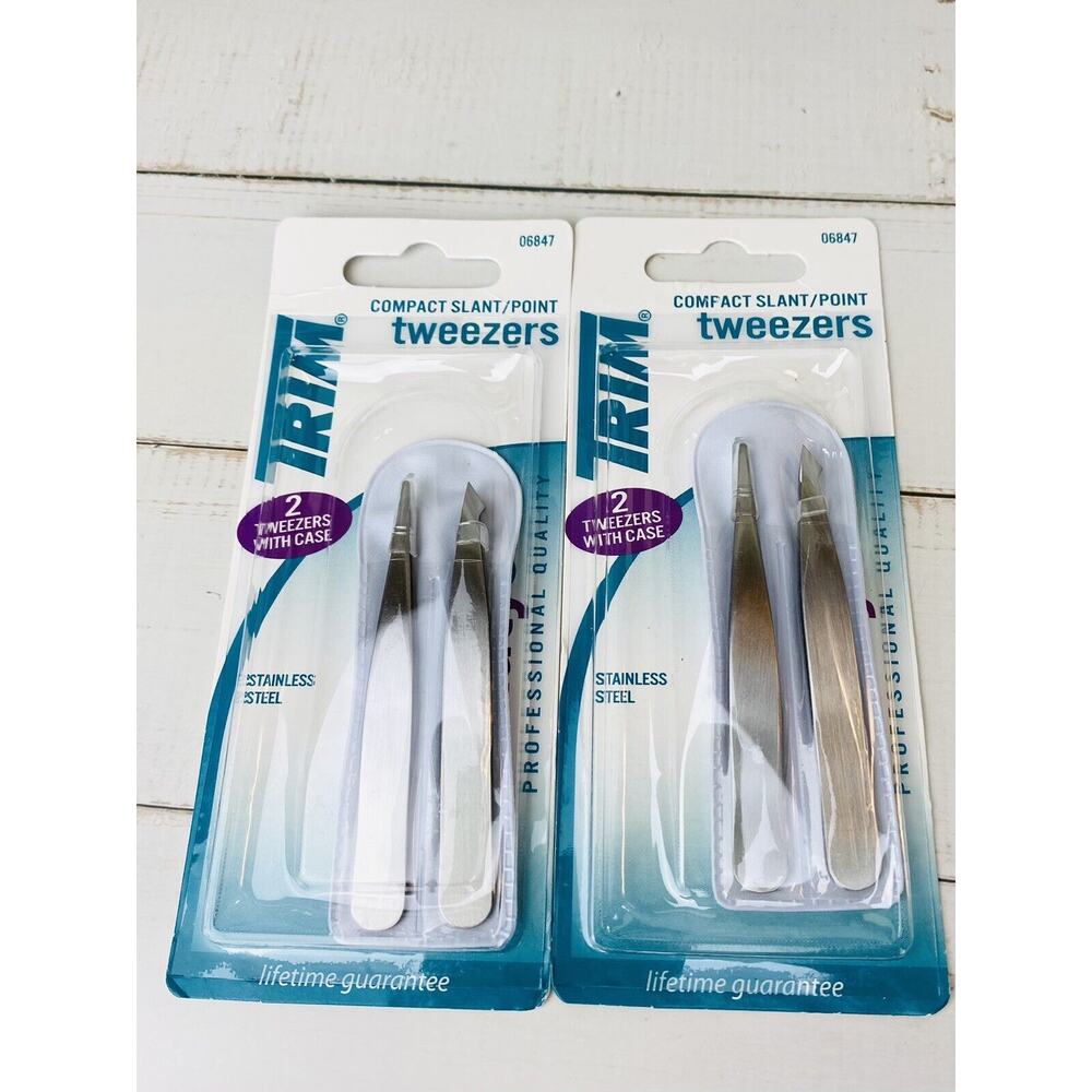 2x Trim Compact Slant/ Point Stainless Steel Tweezers Set New